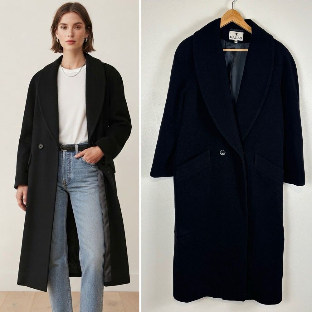 Gallo Black Cashmere Lambswool Blend Long Overcoat Trench Coat Women Sz 8P